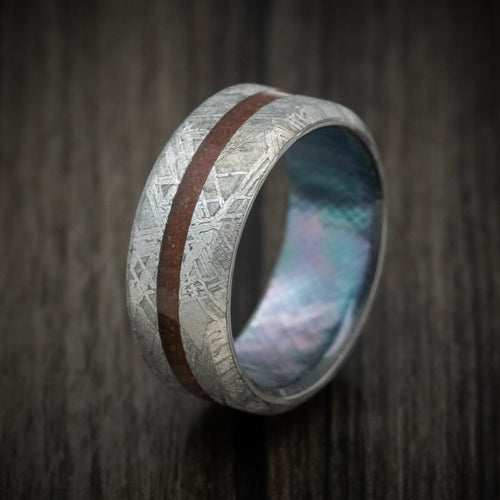 Steel XVI - Gibeon Meteorite Wedding Ring with Dinosaur Bone Inlay and Abalone Shell Sleeve - view 4 - Nura Lab