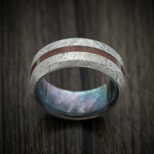 Steel XVI - Gibeon Meteorite Wedding Ring with Dinosaur Bone Inlay and Abalone Shell Sleeve - view 2 - Nura Lab