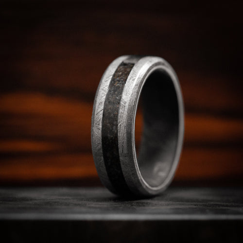 Admiral XIV - Gibeon Meteorite Wedding Ring with Dinosaur Bone Inlay and Forged Carbon Fiber Sleeve - view 5 - Nura Lab