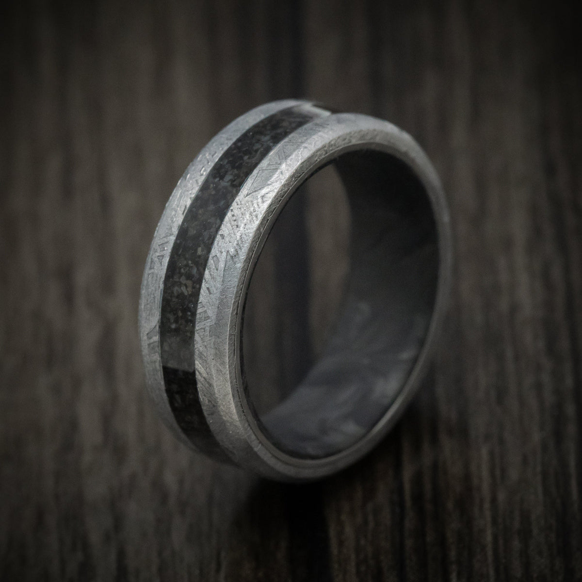 Admiral XIV - Gibeon Meteorite Wedding Ring with Dinosaur Bone Inlay and Forged Carbon Fiber Sleeve - view 4 - Nura Lab