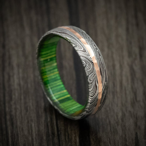 Hunter IX - Marble Kuro Damascus Steel Men's Wedding Ring with Hammered Gold Inlay and Wood Sleeve - Nura Lab