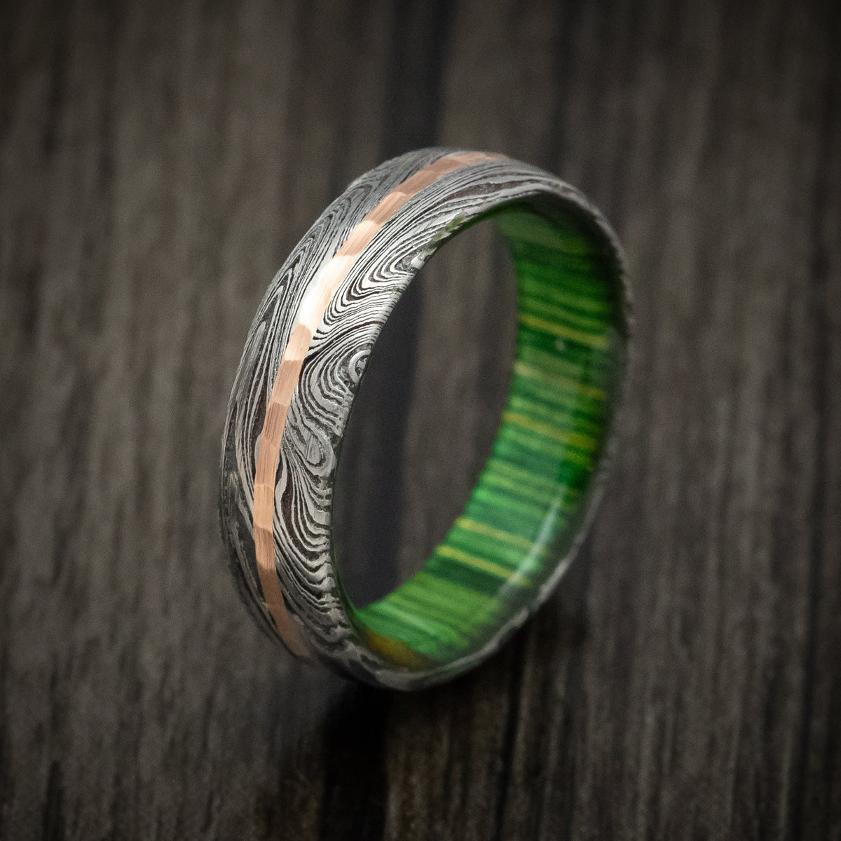 Hunter IX - Marble Kuro Damascus Steel Men's Wedding Ring with Hammered Gold Inlay and Wood Sleeve - view 4 - Nura Lab