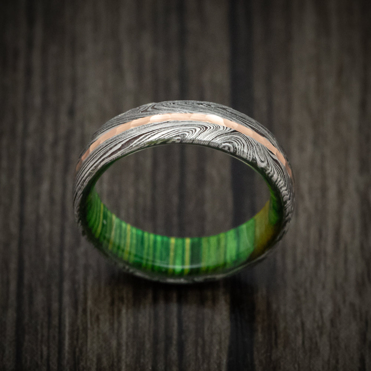 Hunter IX - Marble Kuro Damascus Steel Men's Wedding Ring with Hammered Gold Inlay and Wood Sleeve - view 2 - Nura Lab