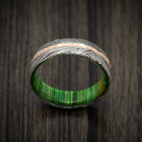 Hunter IX - Marble Kuro Damascus Steel Men's Wedding Ring with Hammered Gold Inlay and Wood Sleeve - view 2 - Nura Lab