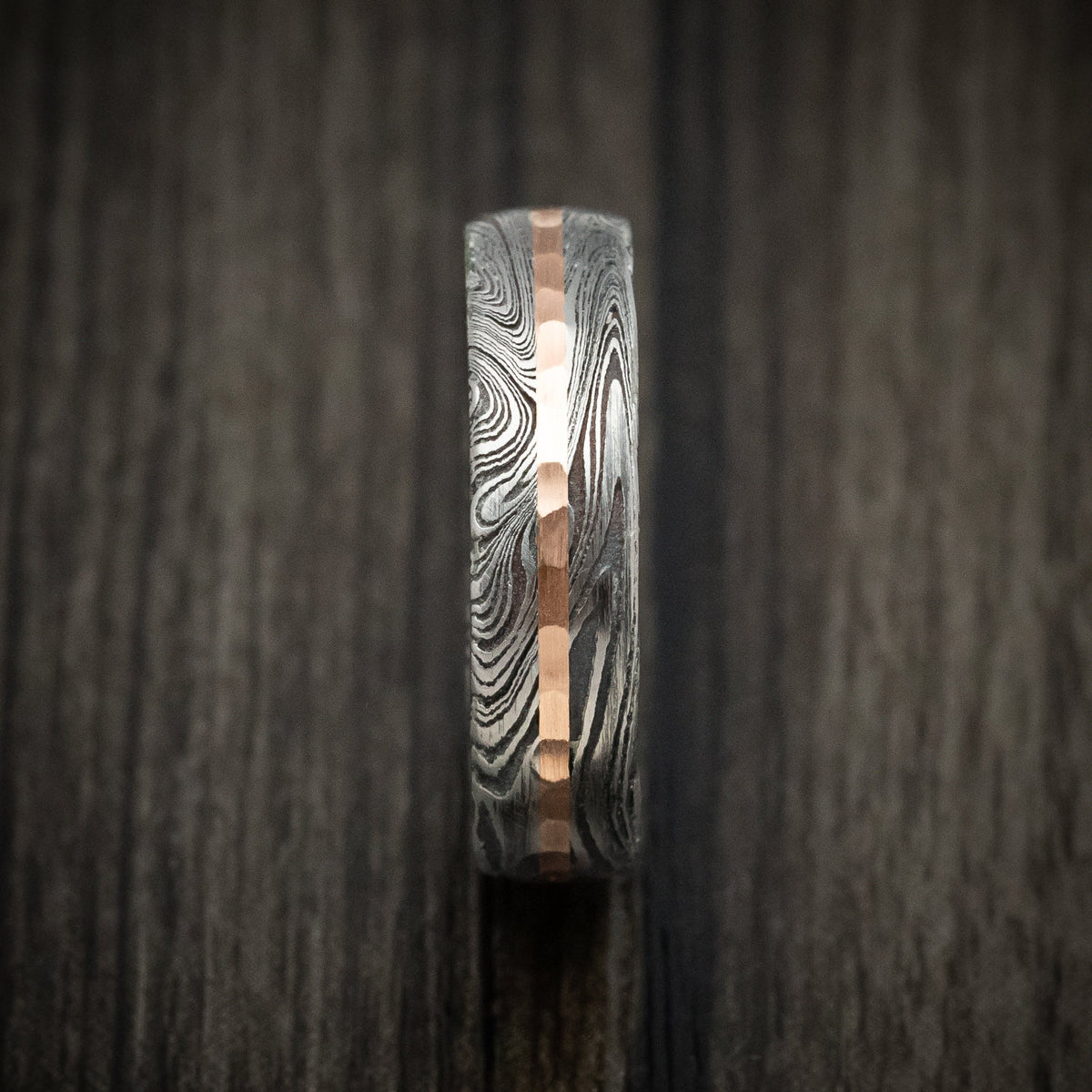 Hunter IX - Marble Kuro Damascus Steel Men's Wedding Ring with Hammered Gold Inlay and Wood Sleeve - view 3 - Nura Lab