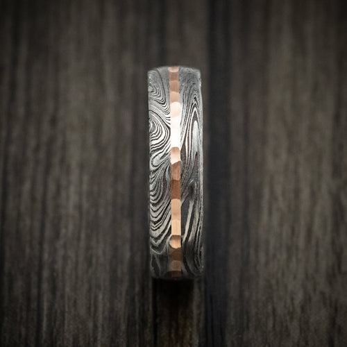 Hunter IX - Marble Kuro Damascus Steel Men's Wedding Ring with Hammered Gold Inlay and Wood Sleeve - view 3 - Nura Lab