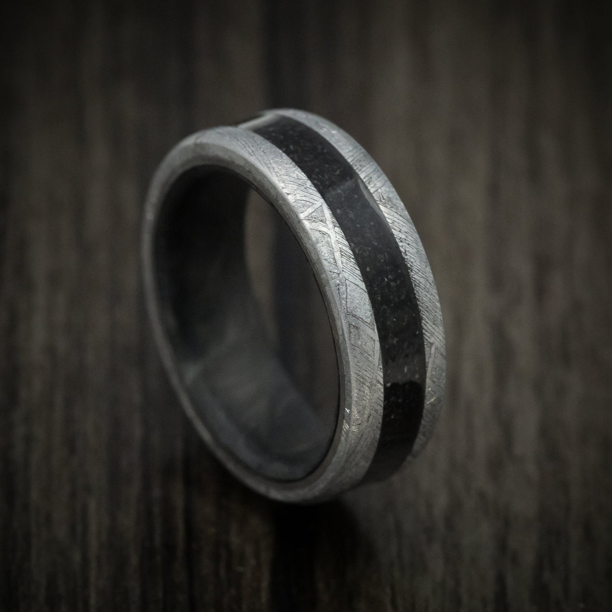 Fortress XIV - Gibeon Meteorite Men's Wedding Ring with Dinosaur Bone Inlay and Forged Carbon Fiber Sleeve - Nura Lab
