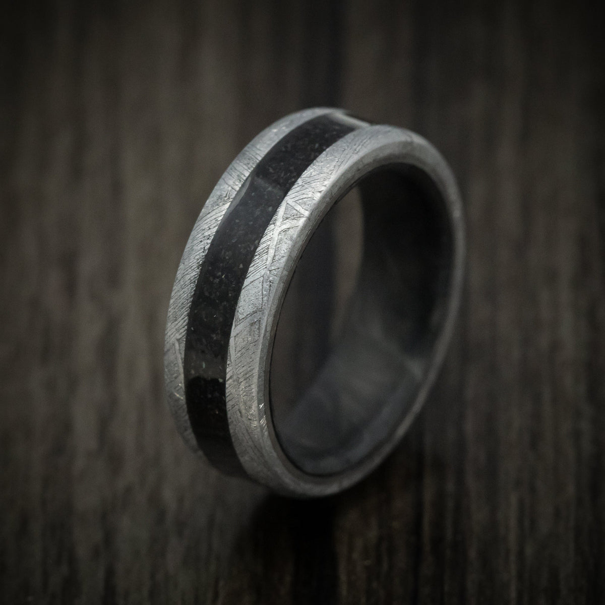 Fortress XIV - Gibeon Meteorite Men's Wedding Ring with Dinosaur Bone Inlay and Forged Carbon Fiber Sleeve - view 4 - Nura Lab