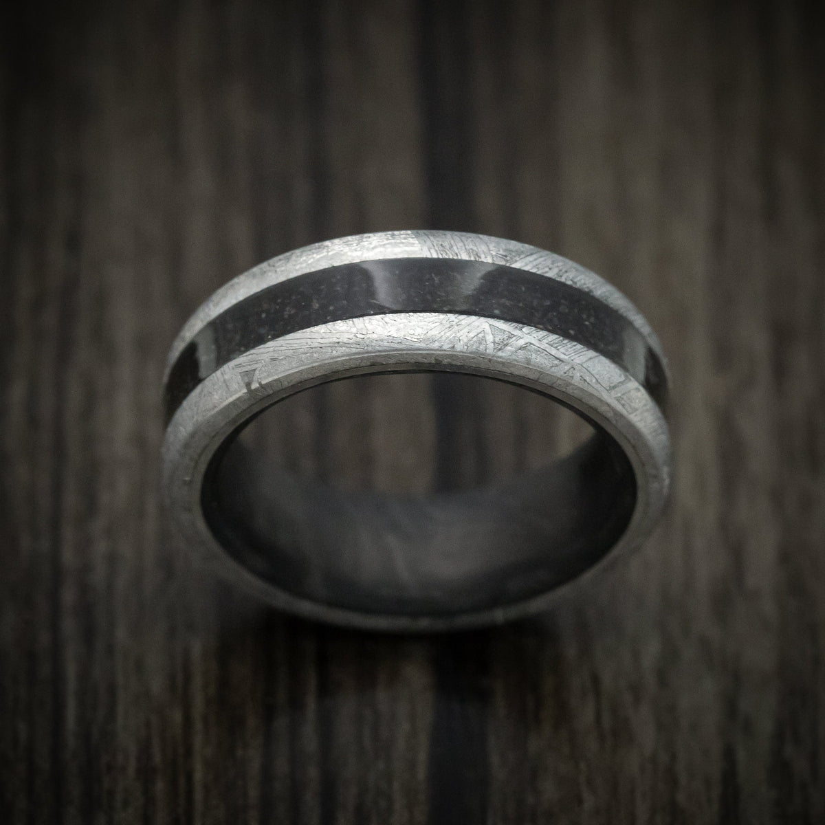 Fortress XIV - Gibeon Meteorite Men's Wedding Ring with Dinosaur Bone Inlay and Forged Carbon Fiber Sleeve - view 2 - Nura Lab