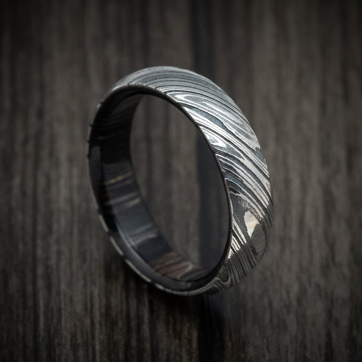 Harbour X - Woodgrain Kuro Damascus Steel Men's Wedding Ring With Hardwood Sleeve Wood Band - Nura Lab