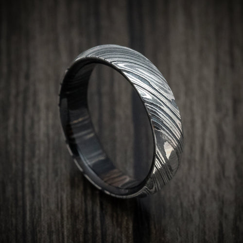 Harbour X - Woodgrain Kuro Damascus Steel Men's Wedding Ring With Hardwood Sleeve Wood Band - Nura Lab