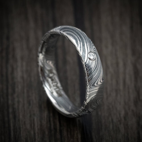 Nomad XII - Marble Kuro Damascus Steel Men's Wedding Ring with Round Diamond - Nura Lab