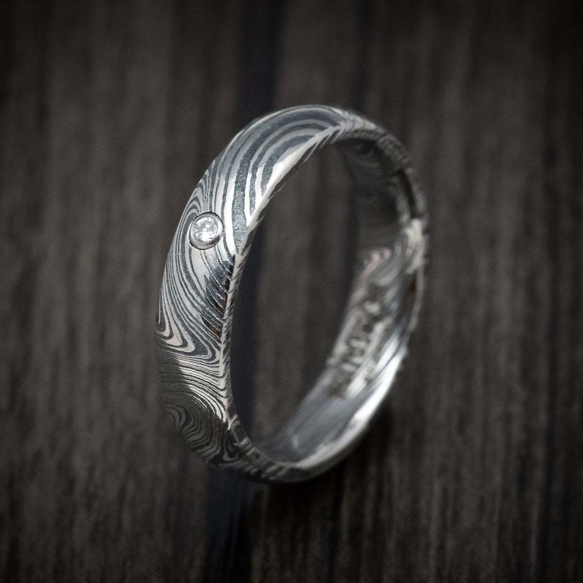 Nomad XII - Marble Kuro Damascus Steel Men's Wedding Ring with Round Diamond - view 4 - Nura Lab