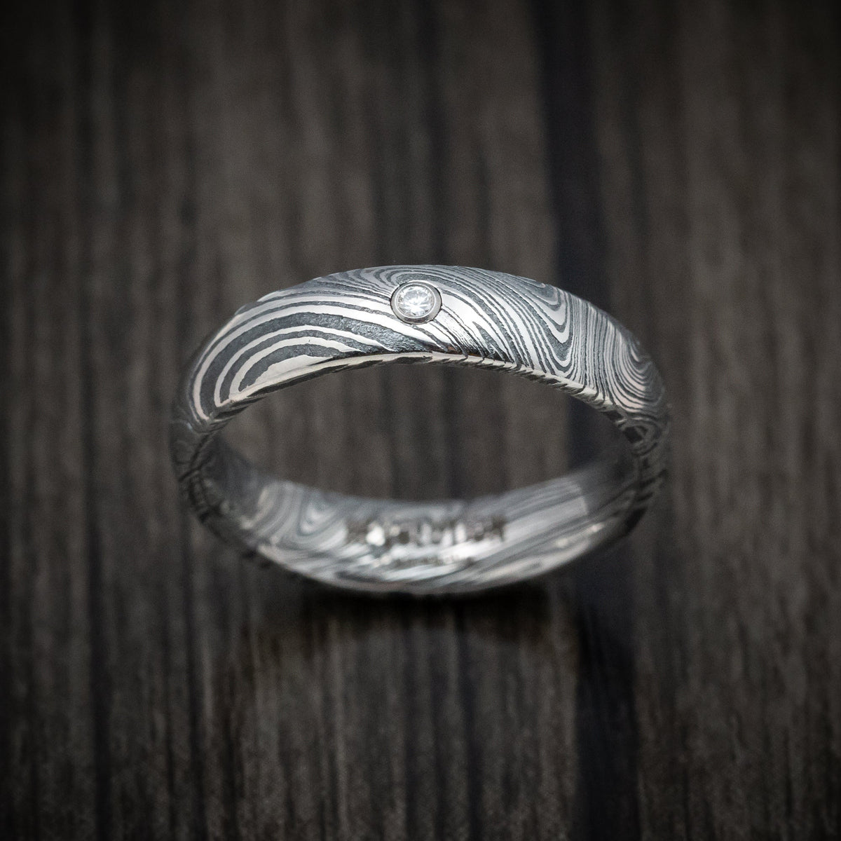 Nomad XII - Marble Kuro Damascus Steel Men's Wedding Ring with Round Diamond - view 2 - Nura Lab