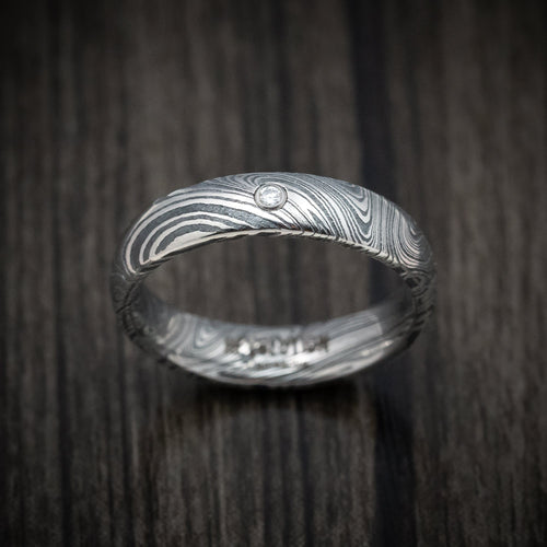 Nomad XII - Marble Kuro Damascus Steel Men's Wedding Ring with Round Diamond - view 2 - Nura Lab