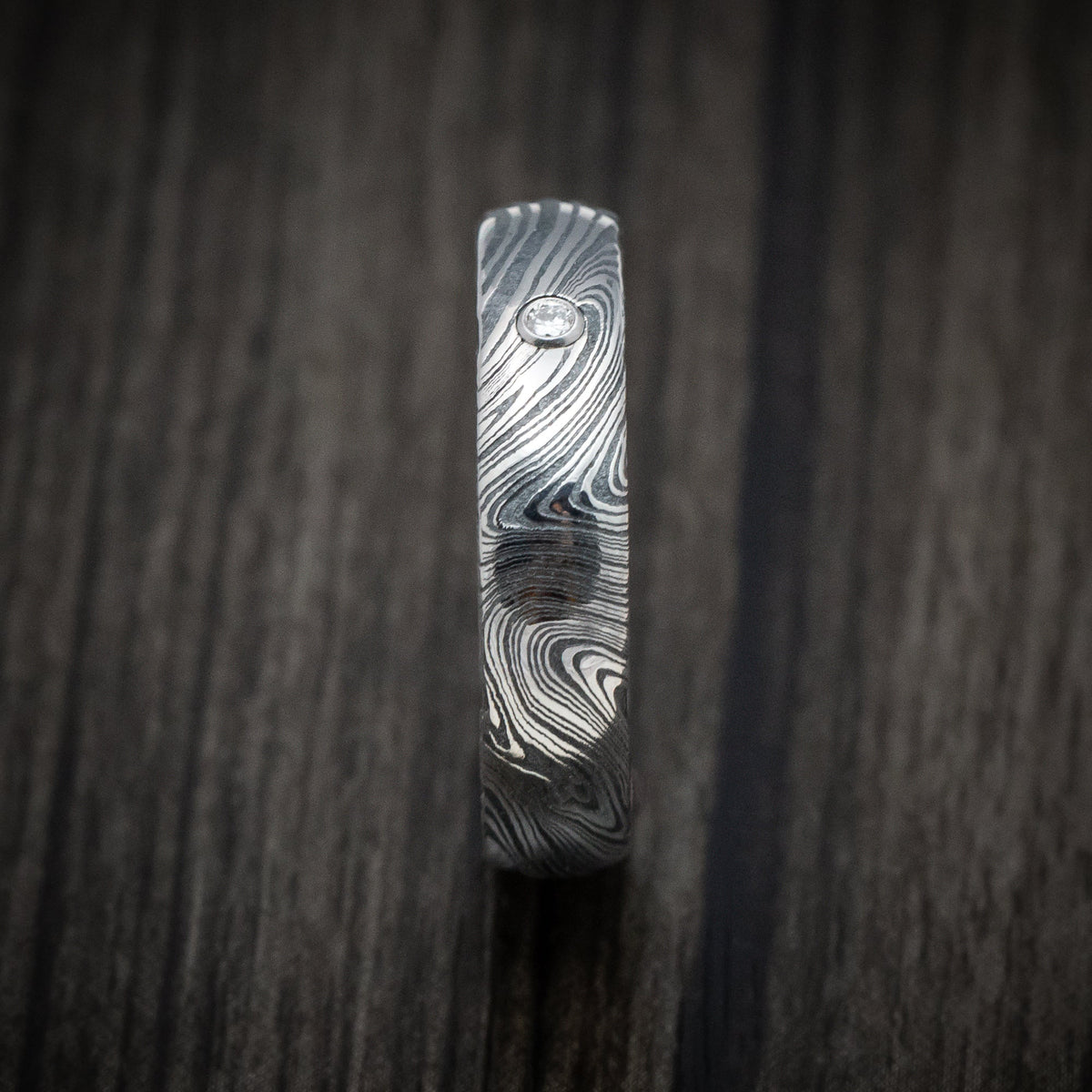 Nomad XII - Marble Kuro Damascus Steel Men's Wedding Ring with Round Diamond - view 3 - Nura Lab