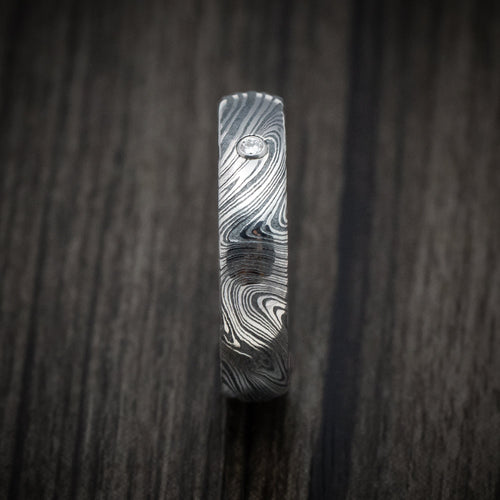 Nomad XII - Marble Kuro Damascus Steel Men's Wedding Ring with Round Diamond - view 3 - Nura Lab