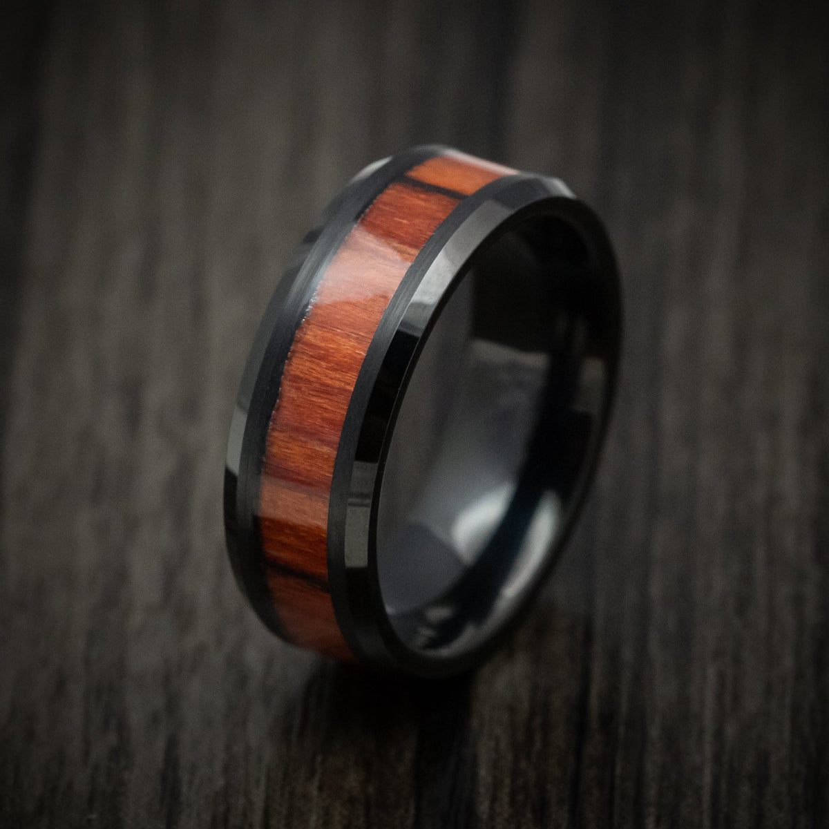 Empire XII - Black Tungsten Men's Wedding Ring with Mahogany Wood Inlay Band - view 4 - Nura Lab