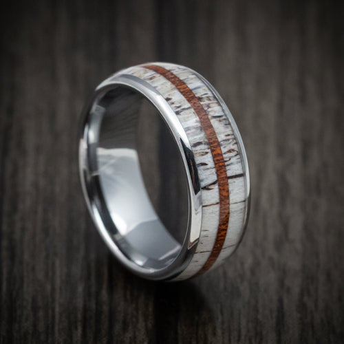 Redwood XII - Tungsten Men's Wedding Ring with Antler and Whiskey Barrel Wood Inlays Band - Nura Lab