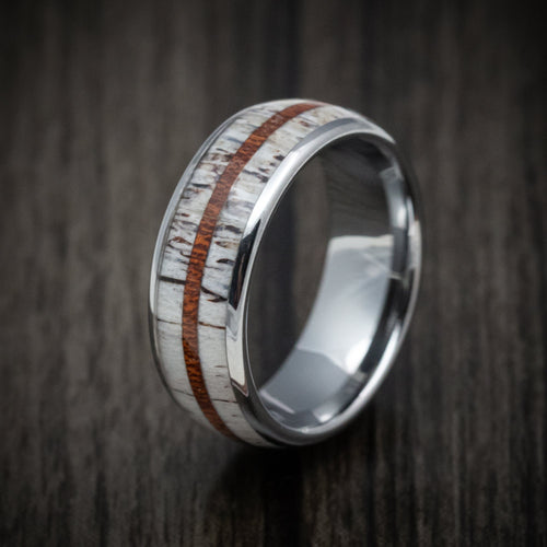 Redwood XII - Tungsten Men's Wedding Ring with Antler and Whiskey Barrel Wood Inlays Band - view 4 - Nura Lab