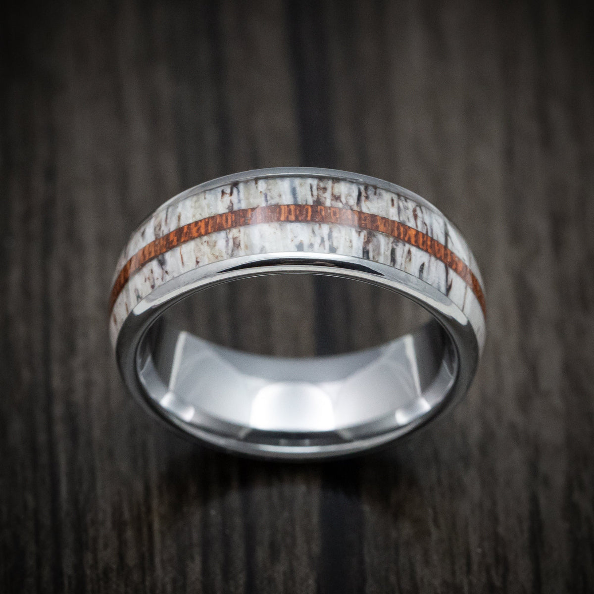 Redwood XII - Tungsten Men's Wedding Ring with Antler and Whiskey Barrel Wood Inlays Band - view 2 - Nura Lab