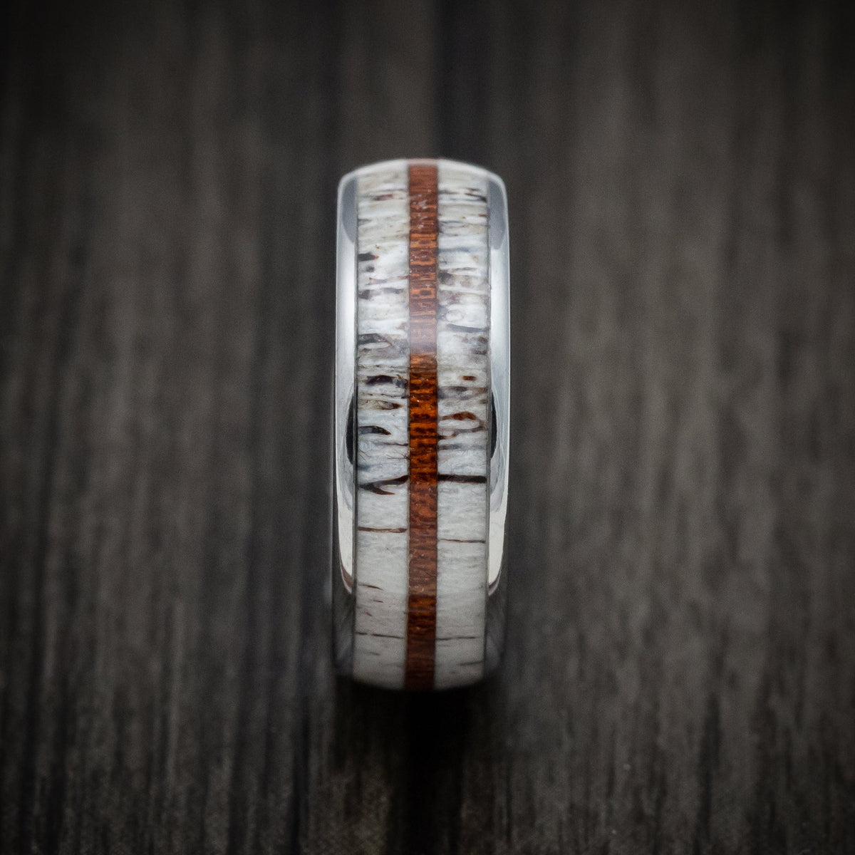 Redwood XII - Tungsten Men's Wedding Ring with Antler and Whiskey Barrel Wood Inlays Band - view 3 - Nura Lab