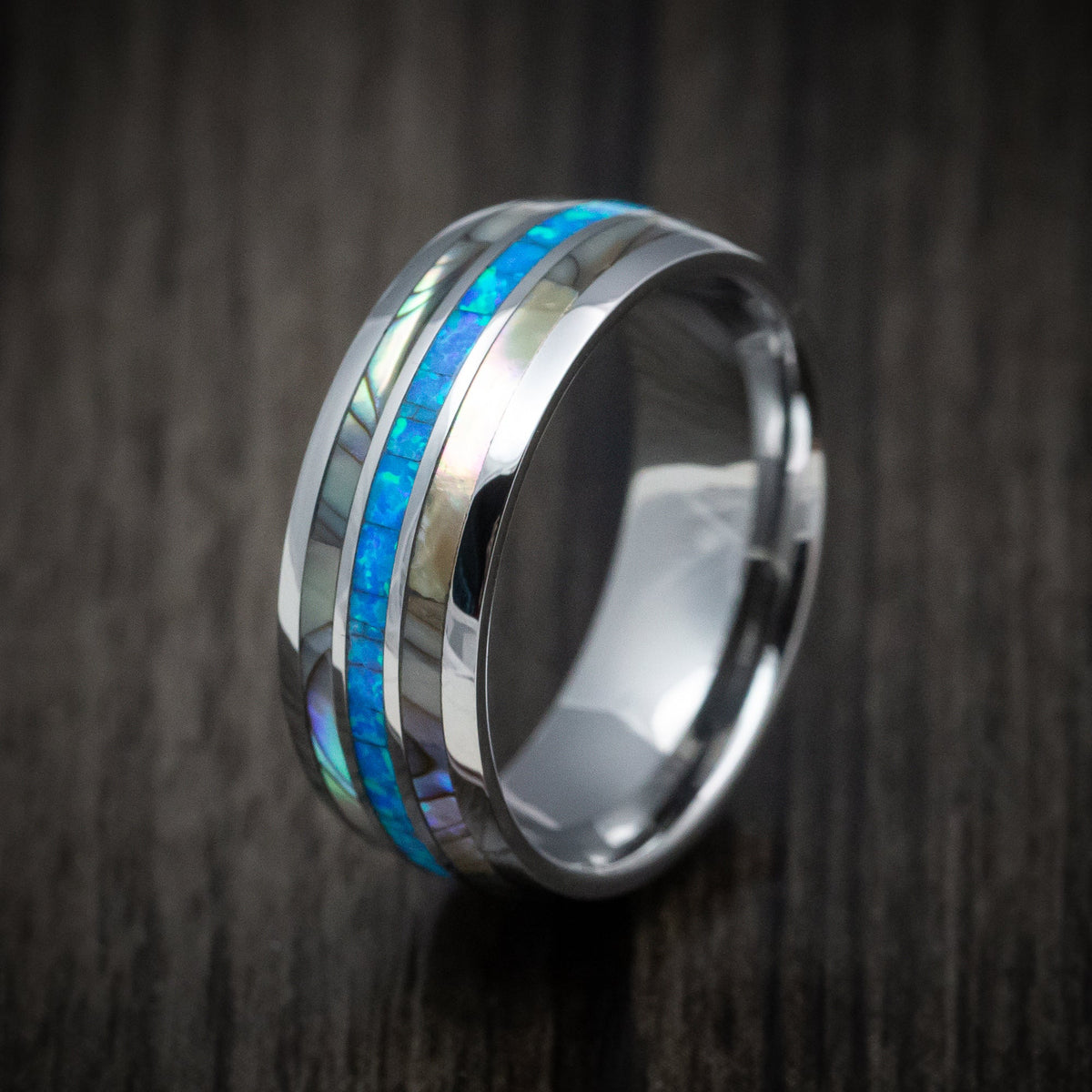 Achilles XV - Tungsten Men's Wedding Ring with Opal and Mother of Pearl Inlays Band - view 4 - Nura Lab