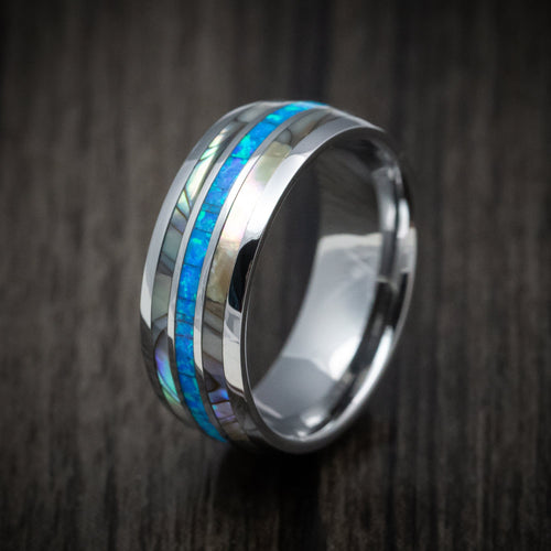 Achilles XV - Tungsten Men's Wedding Ring with Opal and Mother of Pearl Inlays Band - view 4 - Nura Lab