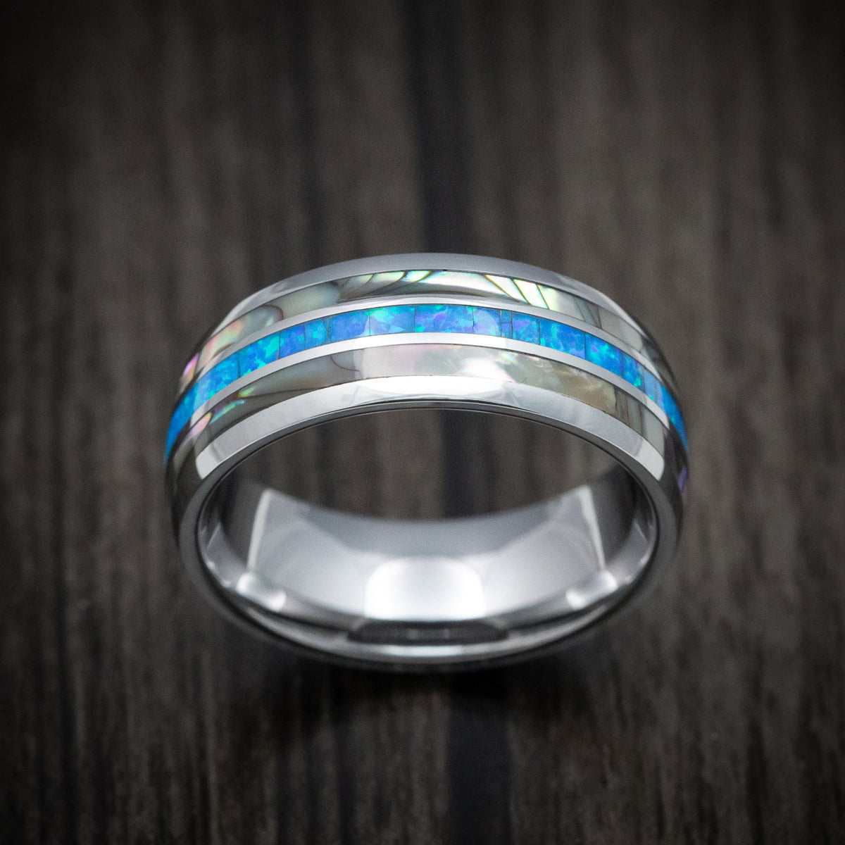 Achilles XV - Tungsten Men's Wedding Ring with Opal and Mother of Pearl Inlays Band - view 2 - Nura Lab
