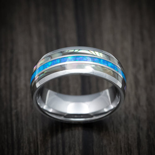 Achilles XV - Tungsten Men's Wedding Ring with Opal and Mother of Pearl Inlays Band - view 2 - Nura Lab