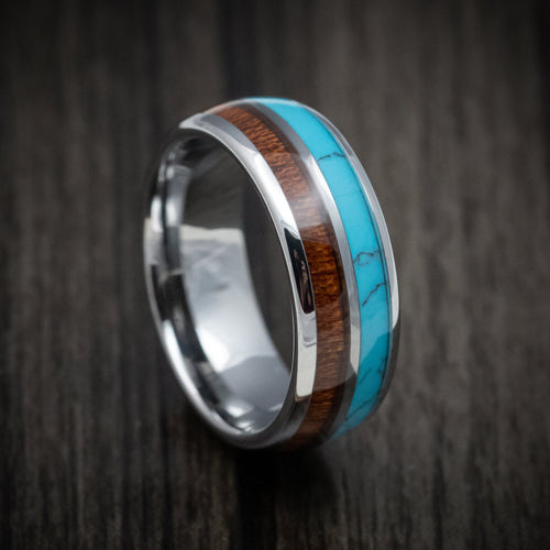 Fiord XII - Tungsten Men's Wedding Ring with Turquoise and Koa Wood Inlays Band - Nura Lab