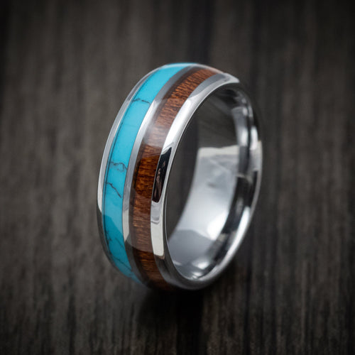 Fiord XII - Tungsten Men's Wedding Ring with Turquoise and Koa Wood Inlays Band - view 4 - Nura Lab