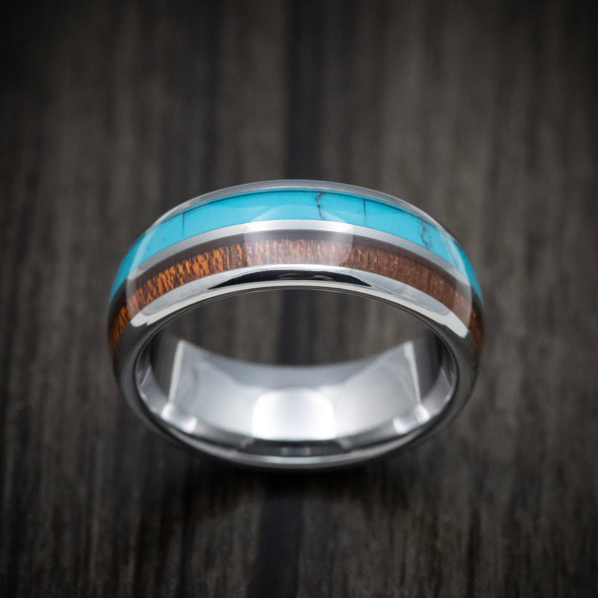 Fiord XII - Tungsten Men's Wedding Ring with Turquoise and Koa Wood Inlays Band - view 2 - Nura Lab