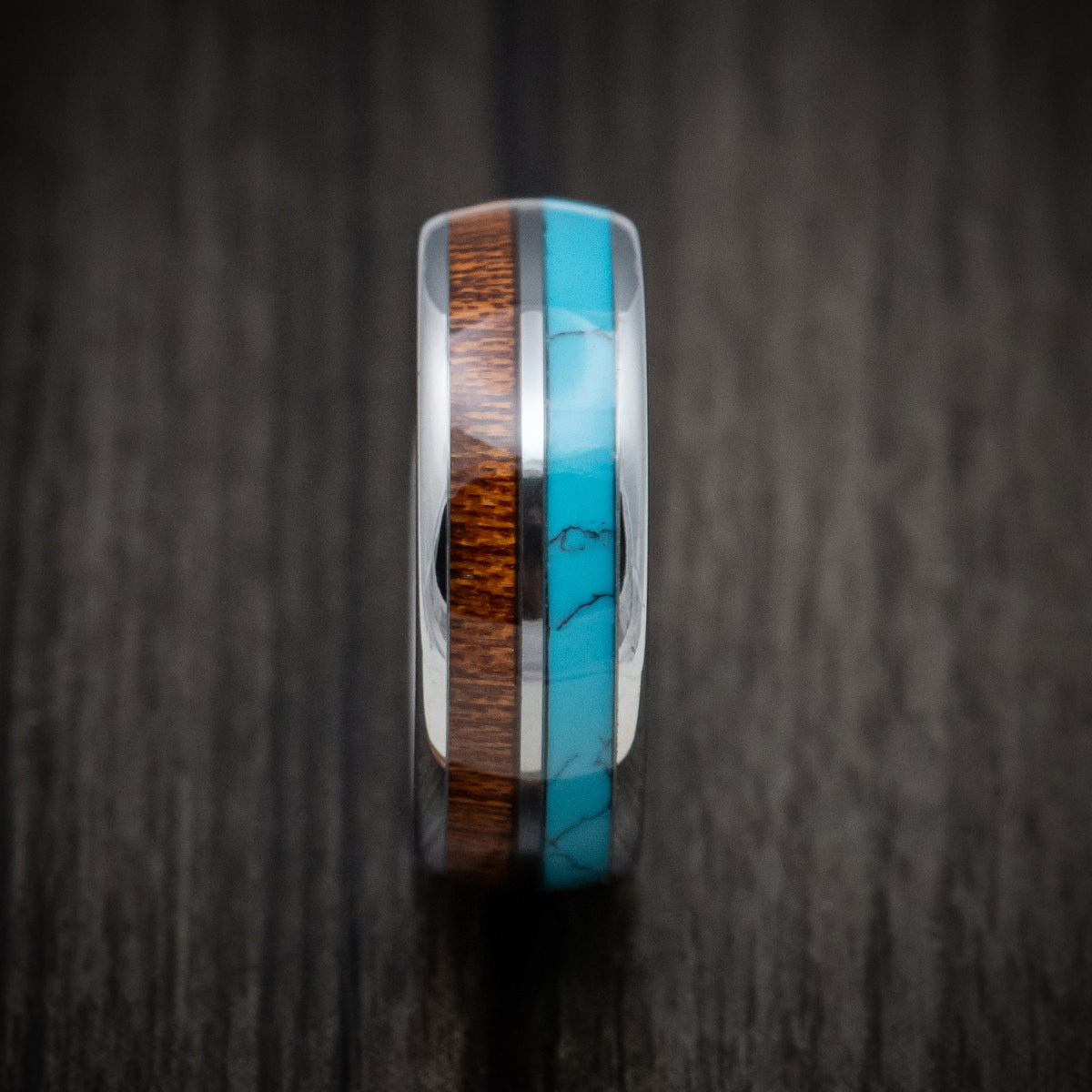 Fiord XII - Tungsten Men's Wedding Ring with Turquoise and Koa Wood Inlays Band - view 3 - Nura Lab