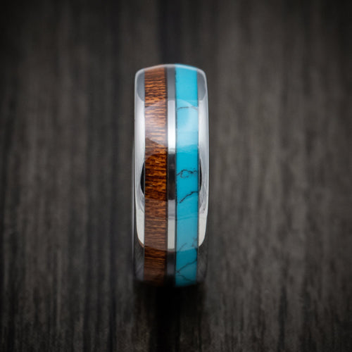Fiord XII - Tungsten Men's Wedding Ring with Turquoise and Koa Wood Inlays Band - view 3 - Nura Lab
