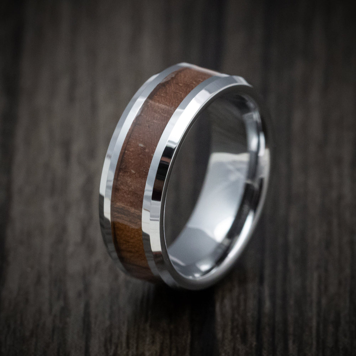 Vanguard XIII - Tungsten Men's Wedding Ring with Mahogany Wood Inlay Band - view 4 - Nura Lab