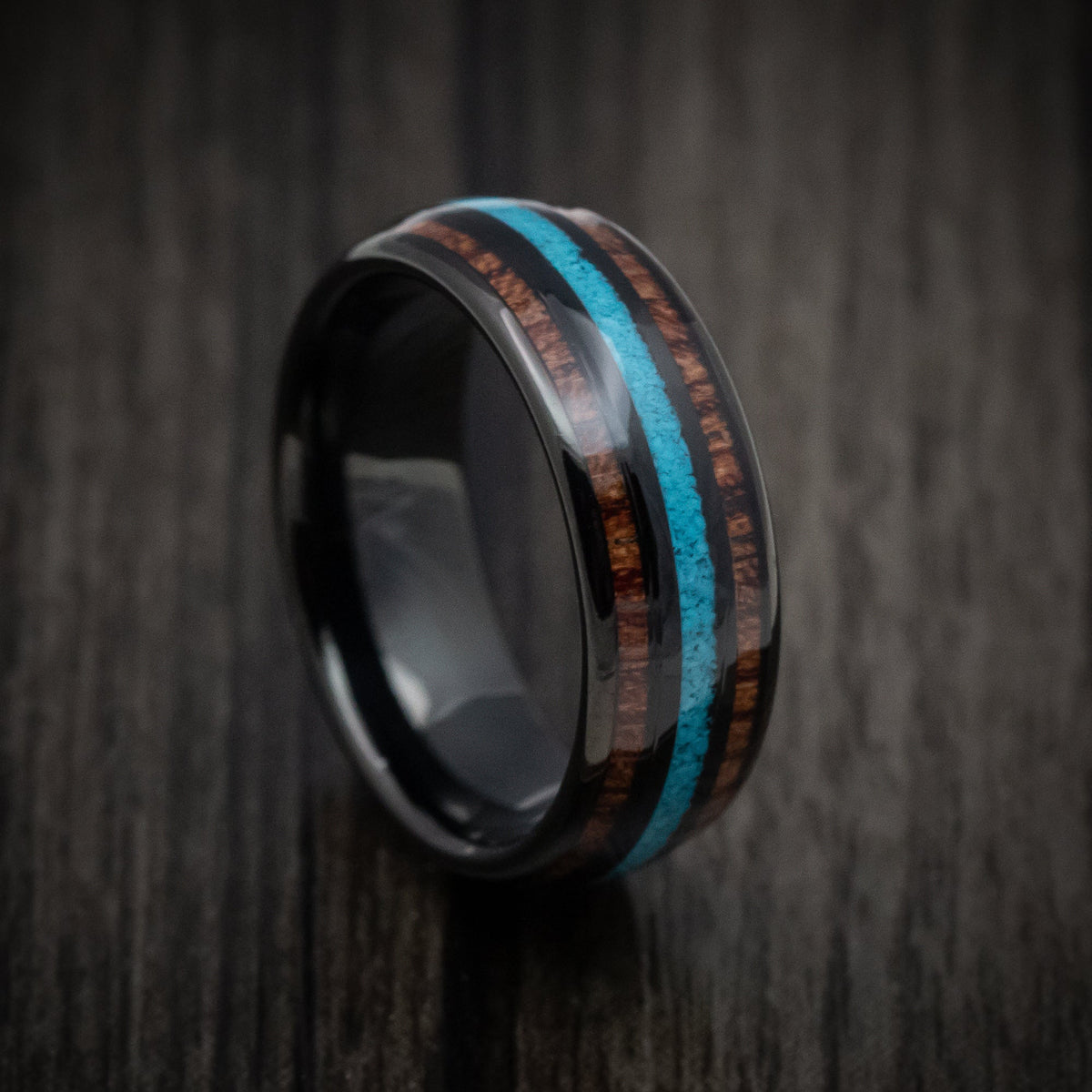 Achilles XII - Black Tungsten Men's Wedding Ring with Turquoise and Koa Wood Inlays Band - Nura Lab