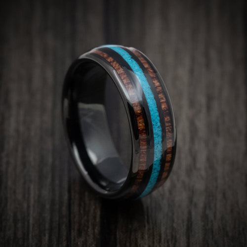 Achilles XII - Black Tungsten Men's Wedding Ring with Turquoise and Koa Wood Inlays Band - Nura Lab