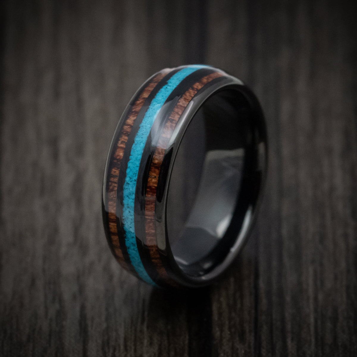 Achilles XII - Black Tungsten Men's Wedding Ring with Turquoise and Koa Wood Inlays Band - view 4 - Nura Lab
