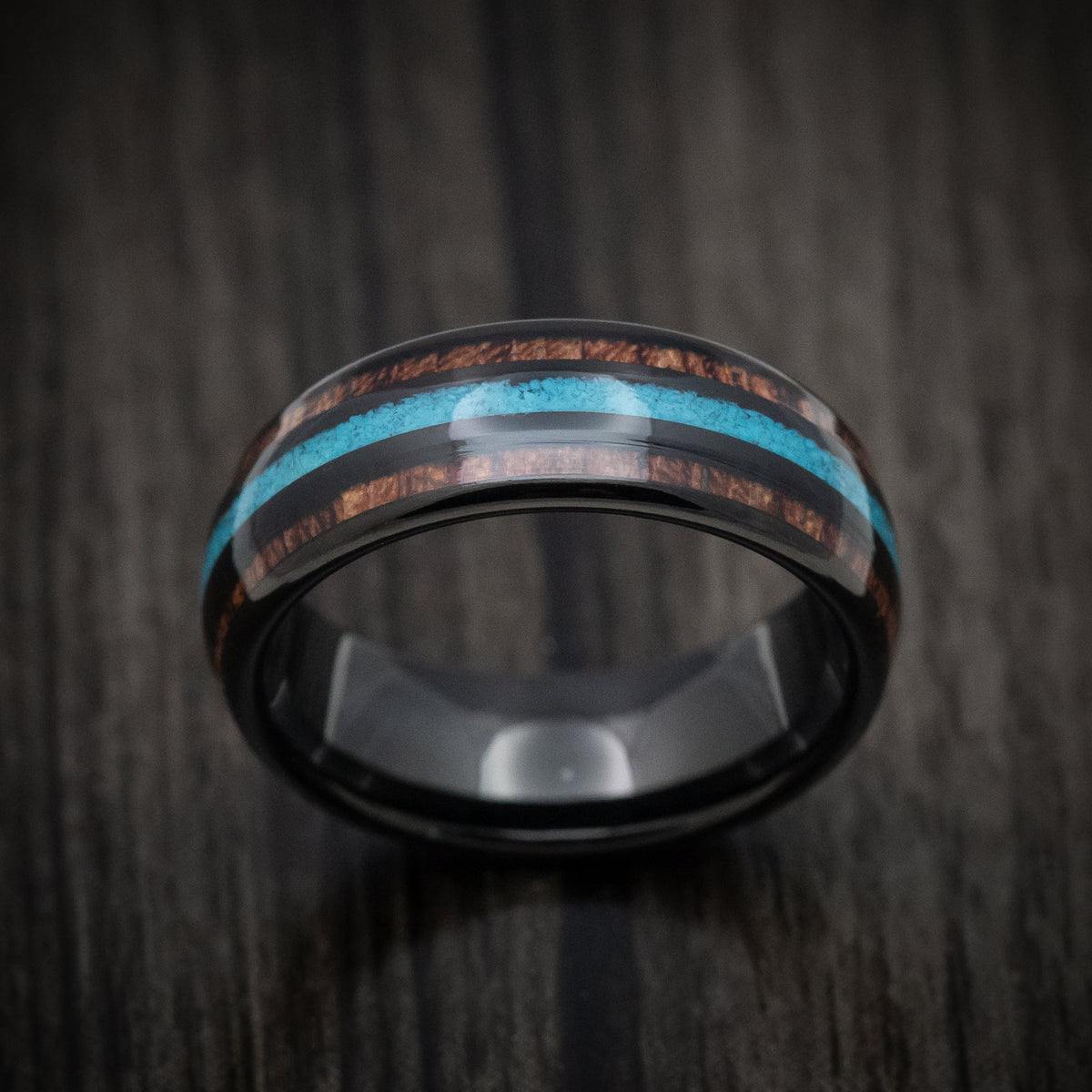 Achilles XII - Black Tungsten Men's Wedding Ring with Turquoise and Koa Wood Inlays Band - view 2 - Nura Lab