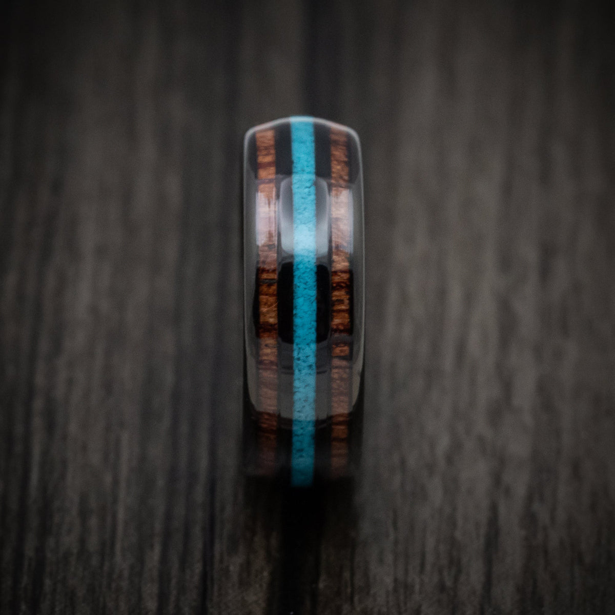 Achilles XII - Black Tungsten Men's Wedding Ring with Turquoise and Koa Wood Inlays Band - view 3 - Nura Lab