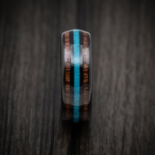 Achilles XII - Black Tungsten Men's Wedding Ring with Turquoise and Koa Wood Inlays Band - view 3 - Nura Lab