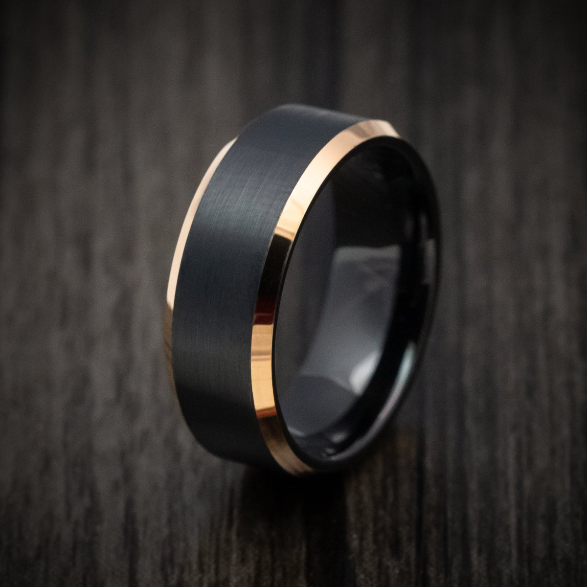 Baron XV - Black Tungsten Men's Wedding Ring with Golden Tungsten Edges Band - view 4 - Nura Lab