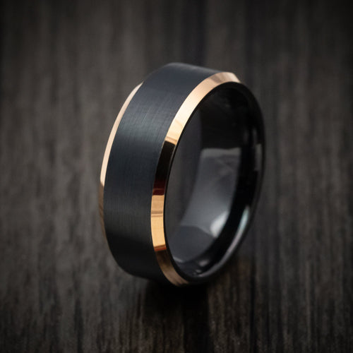 Baron XV - Black Tungsten Men's Wedding Ring with Golden Tungsten Edges Band - view 4 - Nura Lab