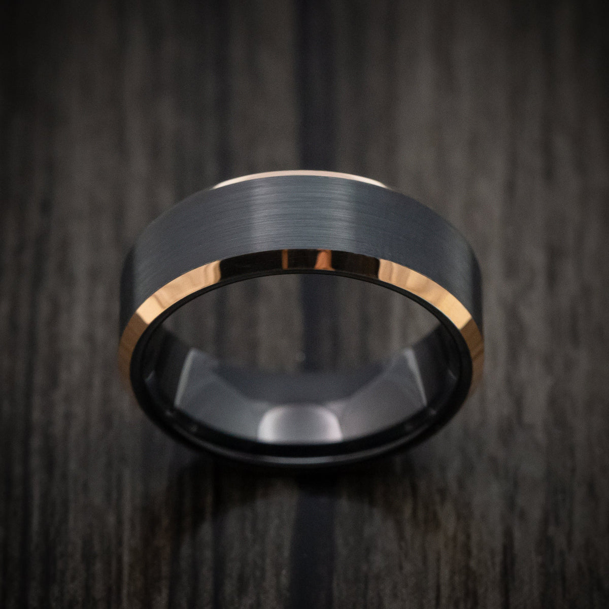 Baron XV - Black Tungsten Men's Wedding Ring with Golden Tungsten Edges Band - view 2 - Nura Lab