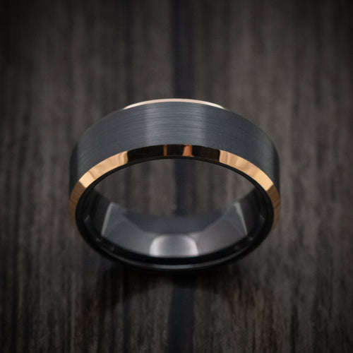 Baron XV - Black Tungsten Men's Wedding Ring with Golden Tungsten Edges Band - view 2 - Nura Lab