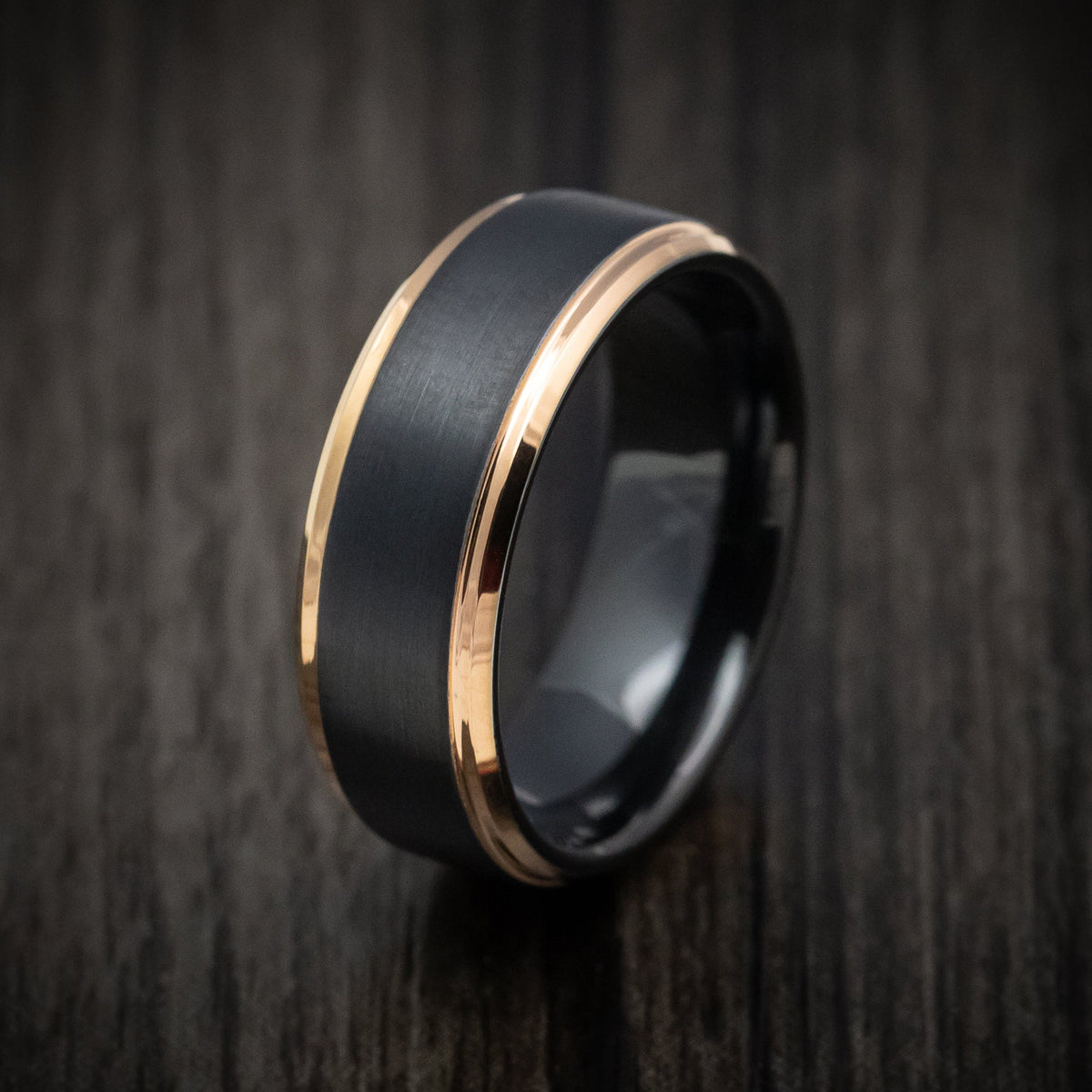 Evernorth XV - Black Tungsten Men's Wedding Ring with Golden Tungsten Edges Band - view 4 - Nura Lab