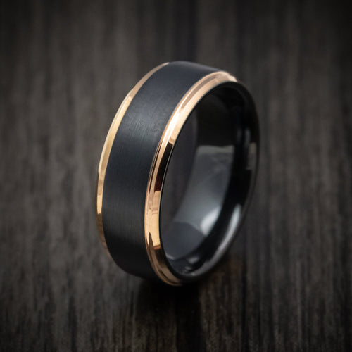 Evernorth XV - Black Tungsten Men's Wedding Ring with Golden Tungsten Edges Band - view 4 - Nura Lab