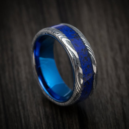 Ranger IX - Woodgrain Kuro Damascus Steel with Anodized Sleeve and Custom Dinosaur Bone and Stone Inlay Wedding Ring - Nura Lab