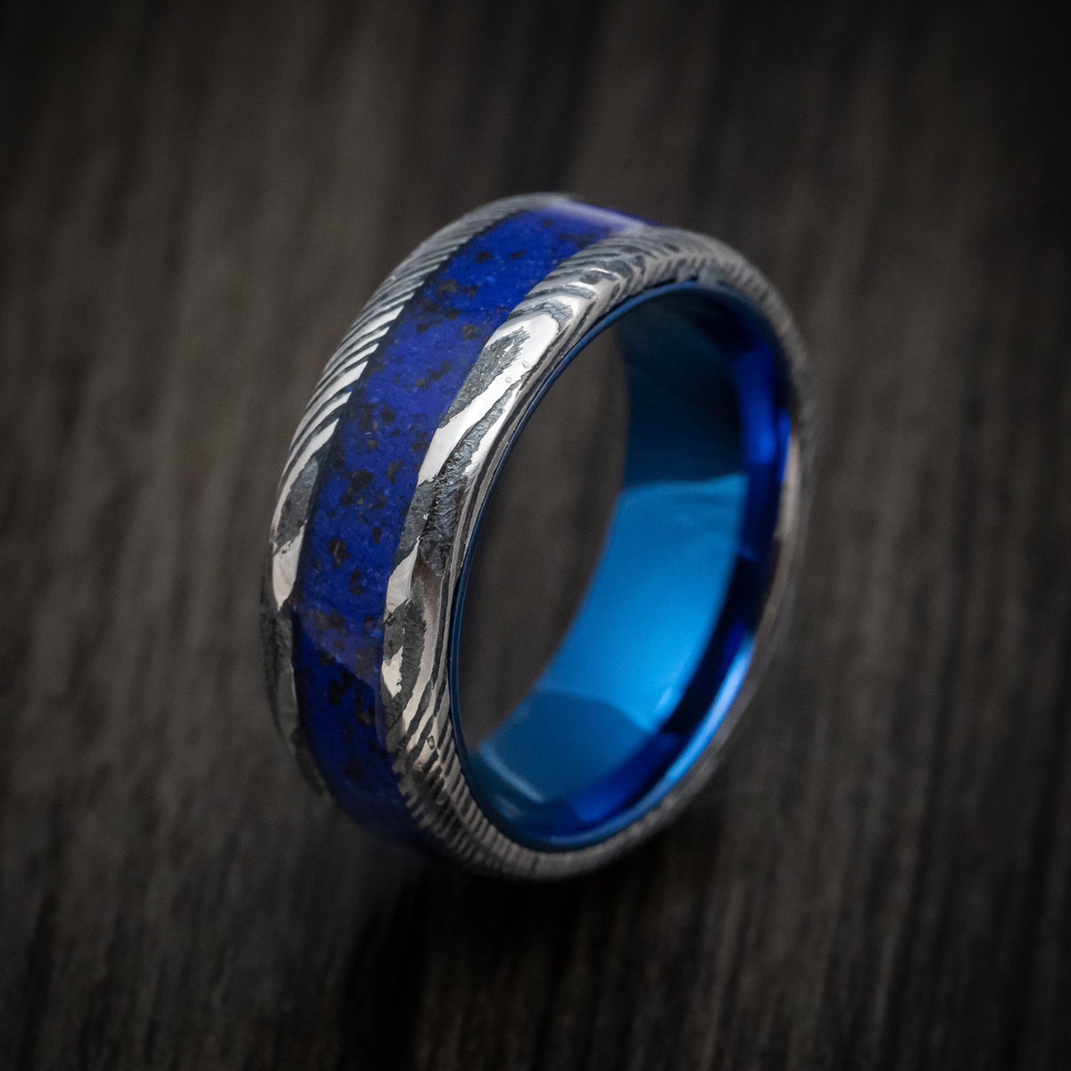 Ranger IX - Woodgrain Kuro Damascus Steel with Anodized Sleeve and Custom Dinosaur Bone and Stone Inlay Wedding Ring - view 4 - Nura Lab